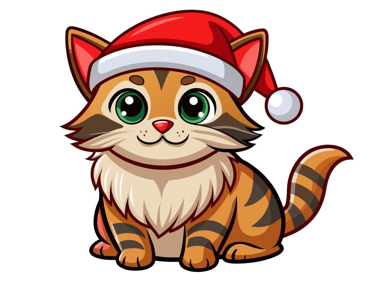 Cute cat in a Christmas Santa hat isolated on white background. Adorable kitten in festive attire. Concept of holiday pets, Christmas animal, festive season. Print, logo, design element. Graphic art vector