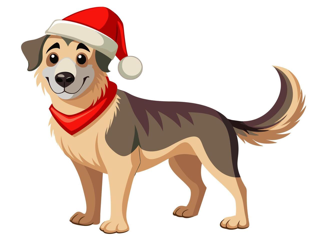 Cute dog in Christmas Santa hat isolated on white background. Adorable puppy in festive attire. Concept of holiday pets, Christmas animals, festive season. Print, logo, design element. Graphic art vector