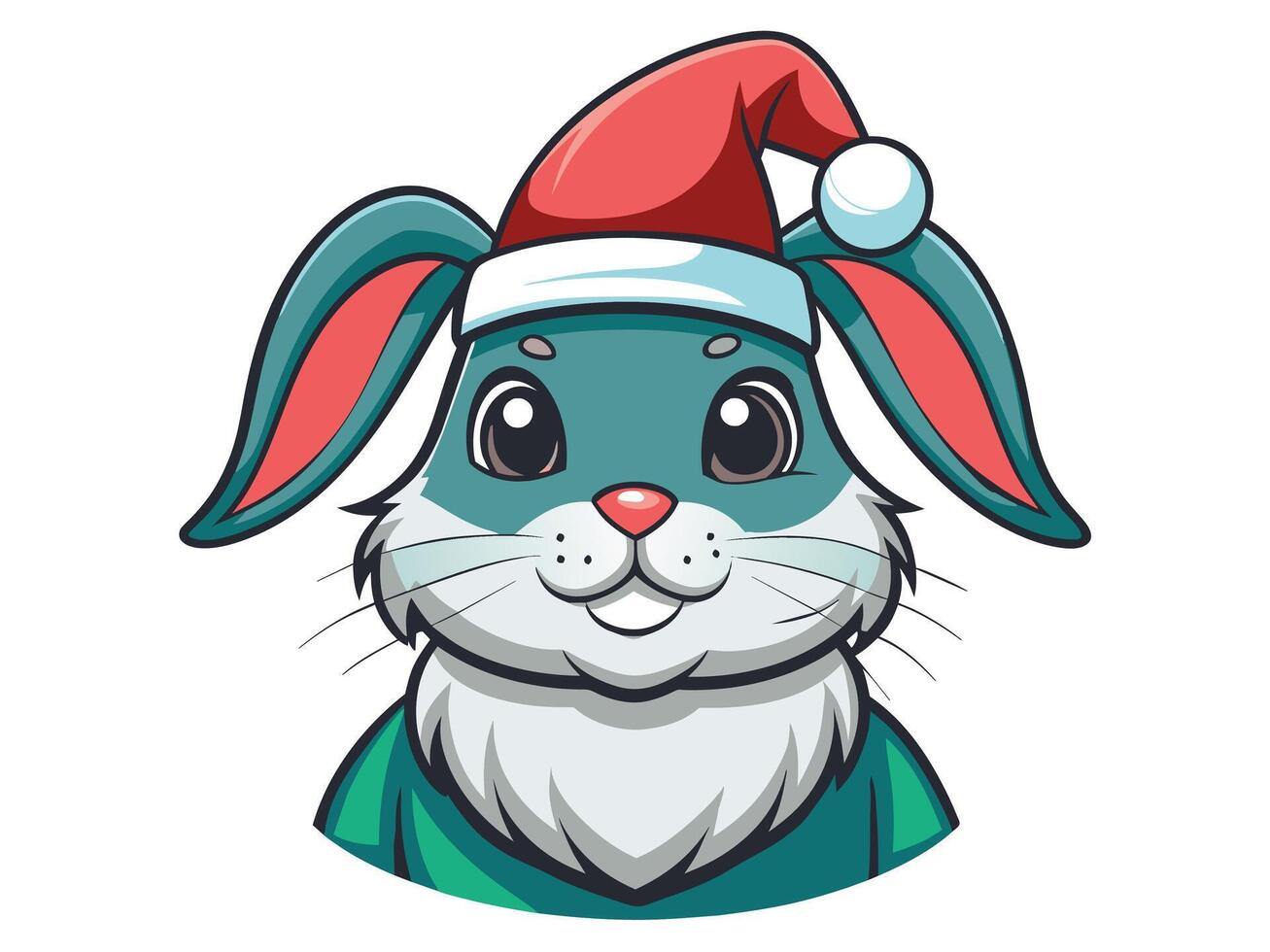Cute rabbit in Christmas Santa hat isolated on white background. Adorable bunny in festive attire. Concept of holiday pets, Christmas animals, festive season. Print, logo, design element vector