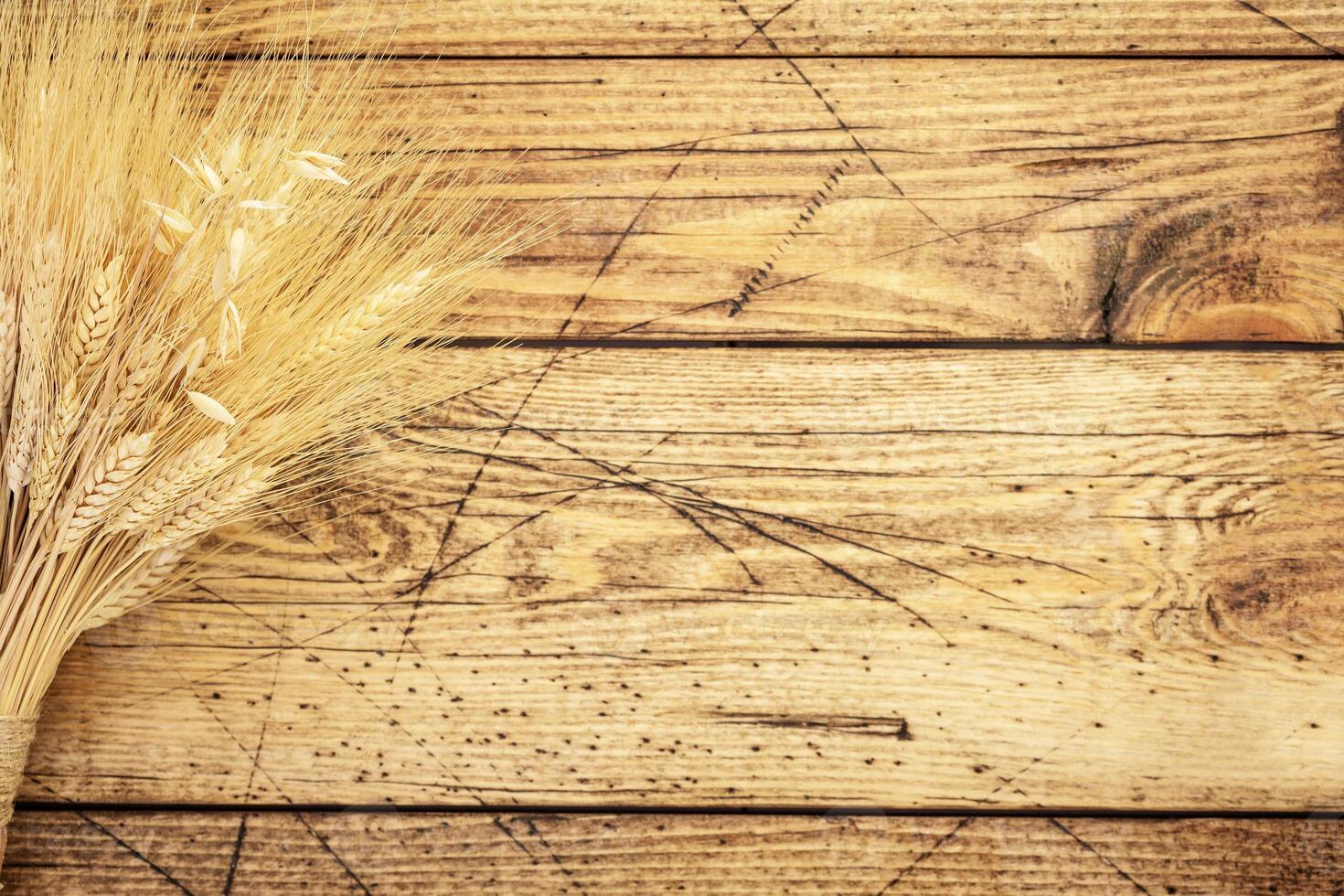 Bouquet of wheat and rye ears on a wooden background photo