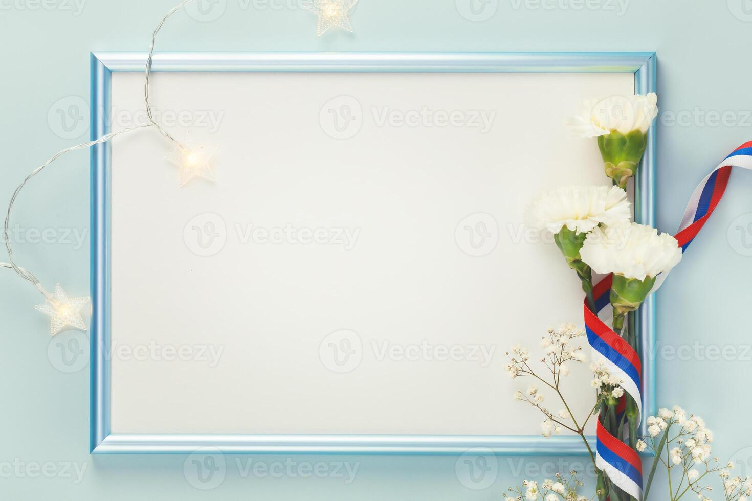 White carnations and gypsophila with Russian flag ribbon with frame photo