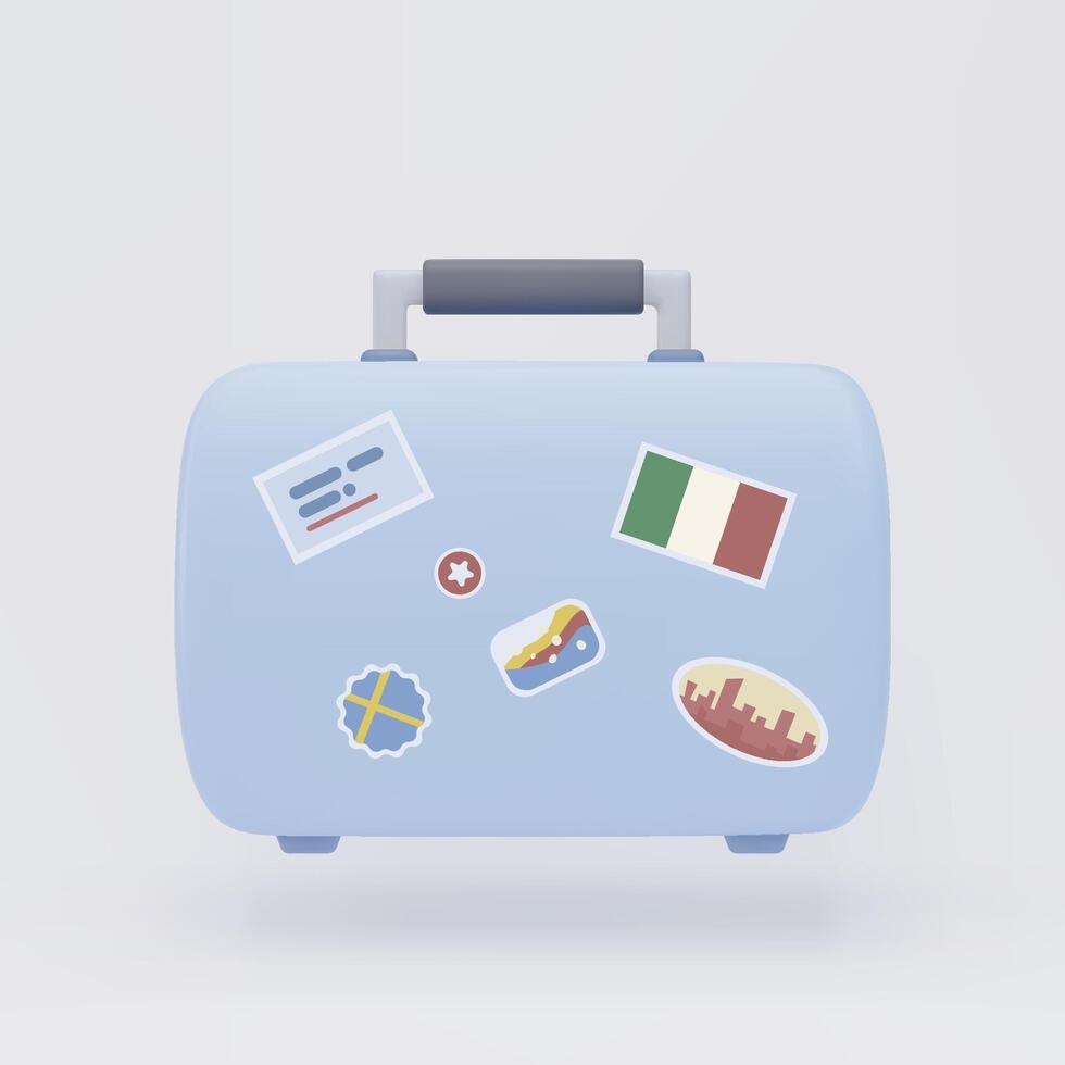 3d Suitcase, isolated luggage. Blue handbag with stickers. Vacation, Time to Travel concept element vector