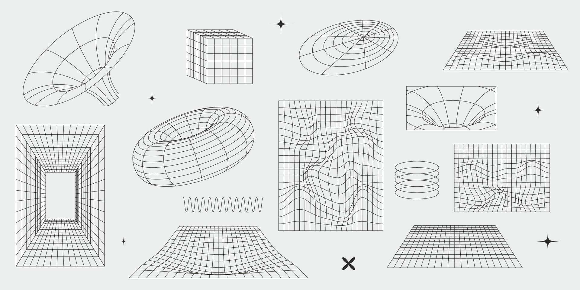 Abstract geometric wireframes and grids. Isolated editable stroke black 3D shapes. Y2k retro futuristic aesthetic elements vector