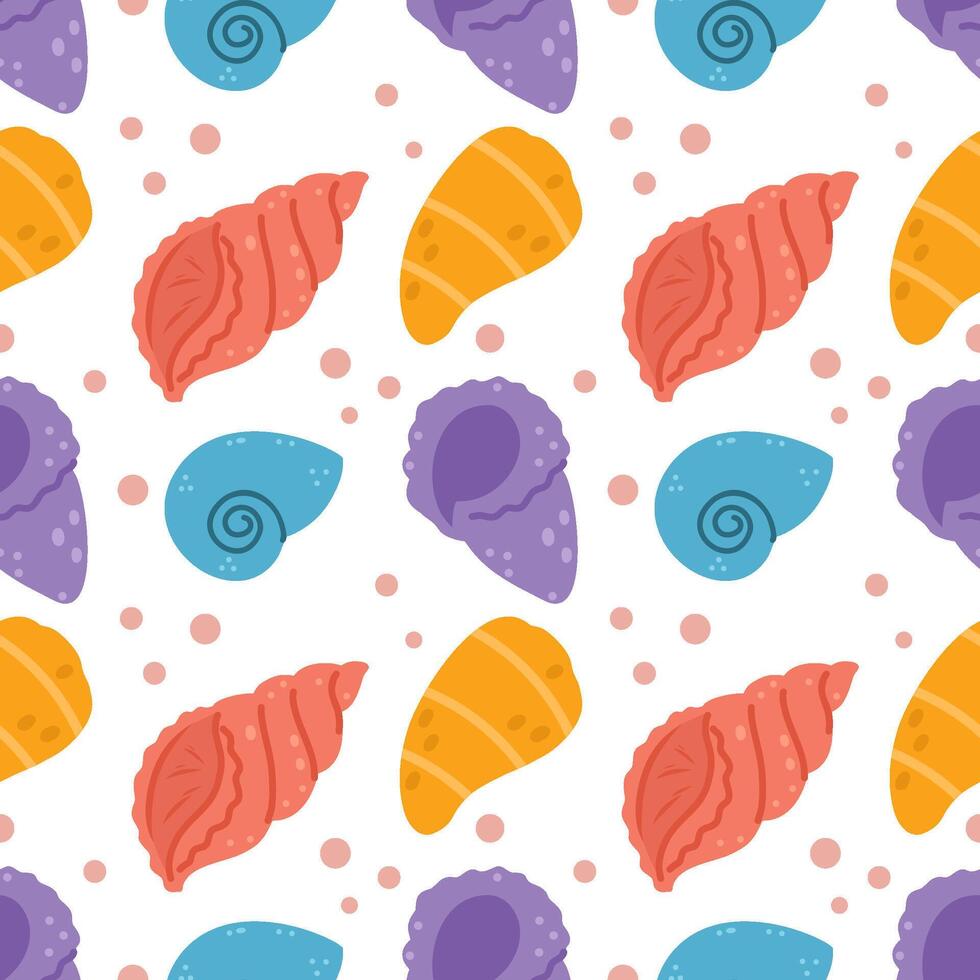 Seamless endless pattern with cute seashells and clams on white background. Print for printing on fabric, wrapping paper and sewing children clothes. vector