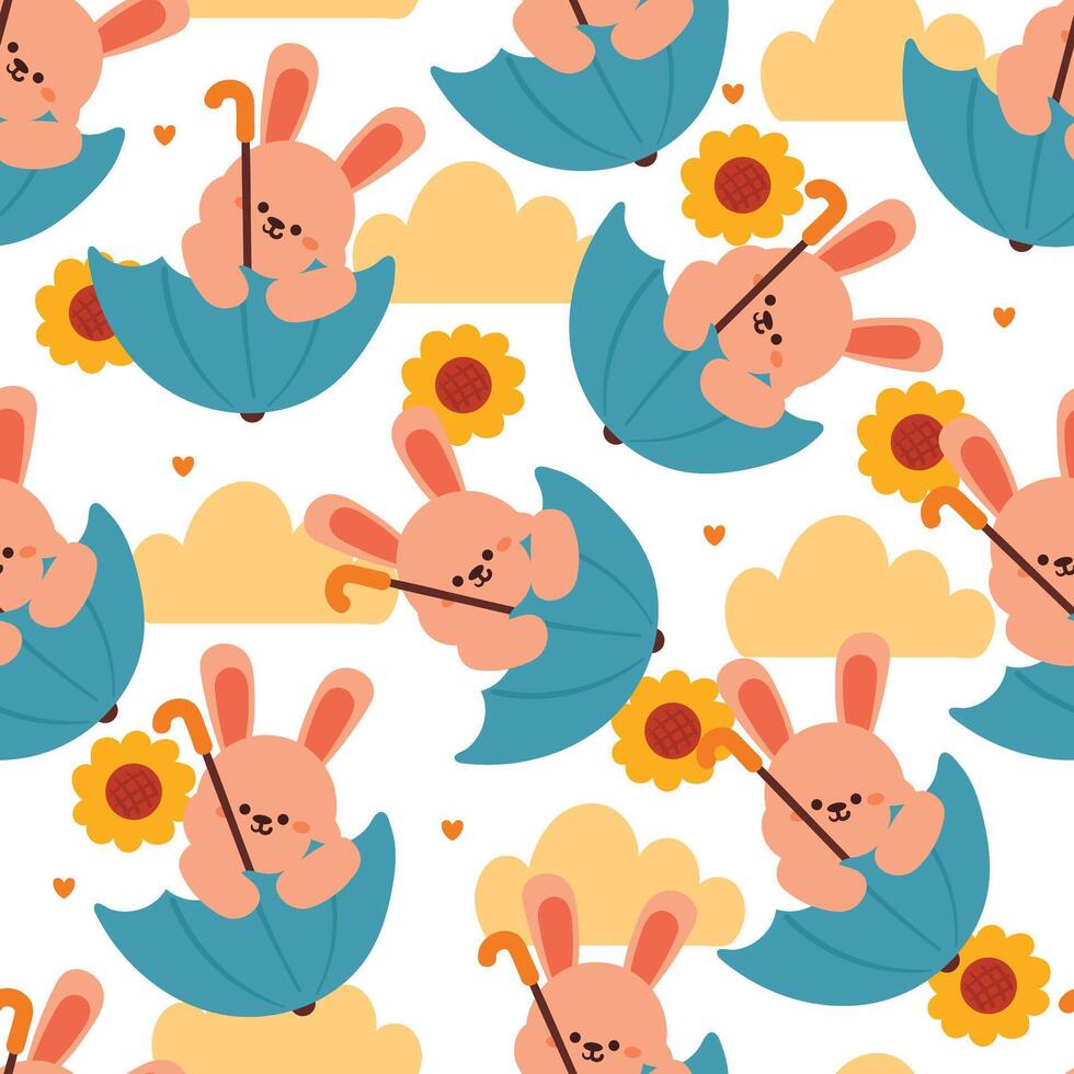 seamless pattern cartoon bunny playing with umbrella. cute animal wallpaper with sky element, umbrella vector