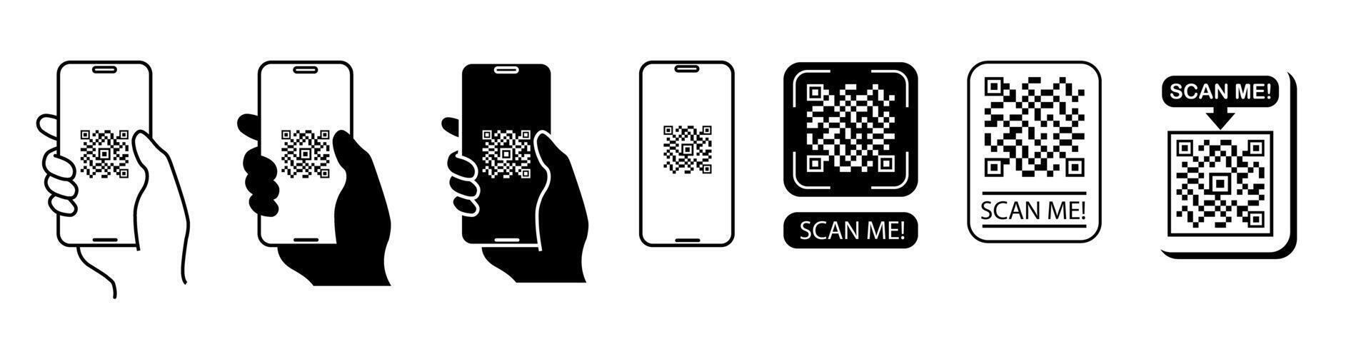 QR code scan icon with smartphone, scan me barcode sign, illustration eps 10 icon set. vector