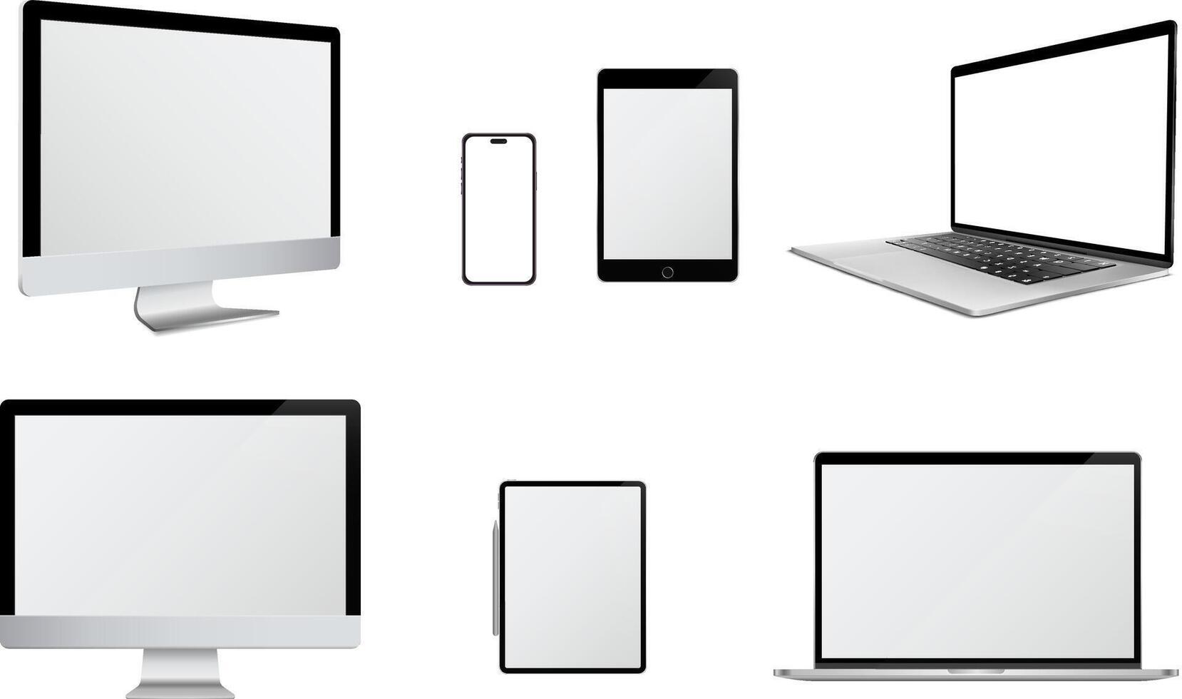 Set of mockup technology devices featuring computer, laptop, tablet, and mobile phone with empty displays vector