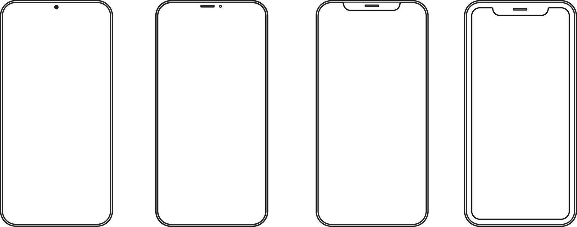 Set high quality realistic different black models smartphone with empty touch screen front view icon. vector
