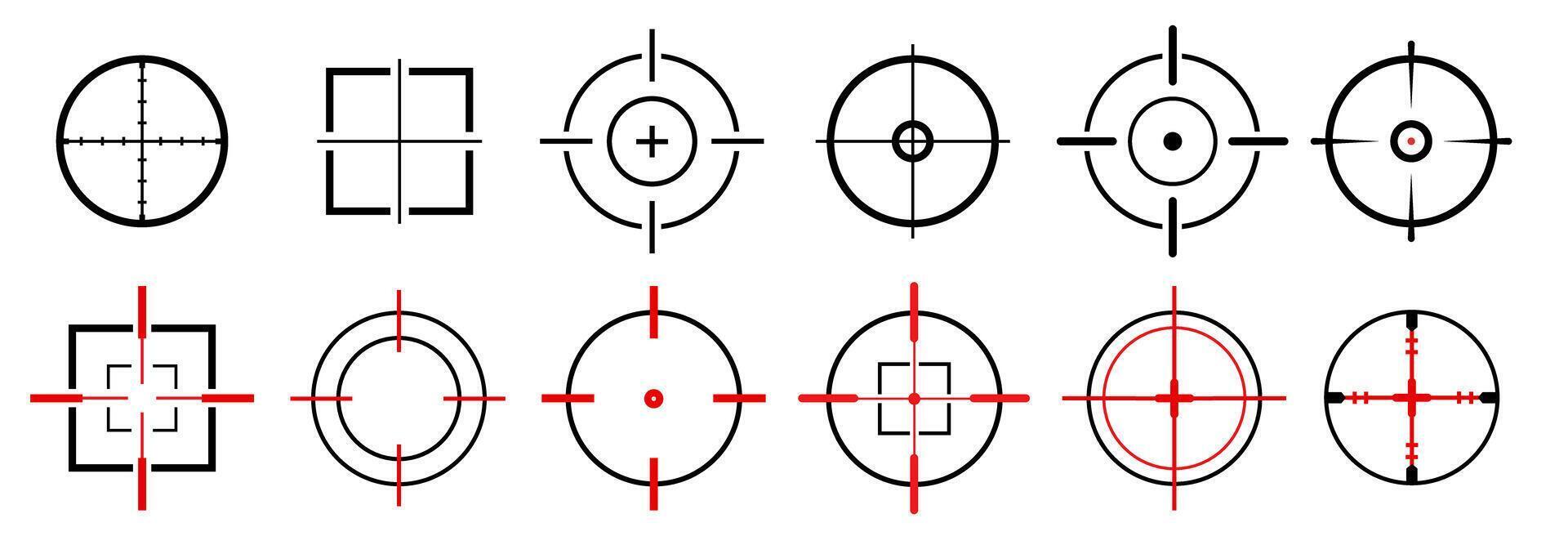 Target icons set. Gun target, focus, crosshair, reticle, viewfinder. Target destination flat and line style vector