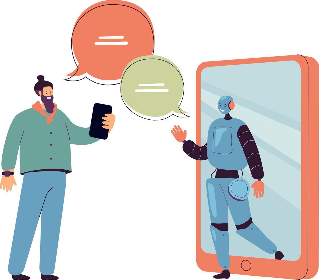 Man chatting online with AI assistant flat illustration. Cartoon customer getting virtual support from chatbot vector