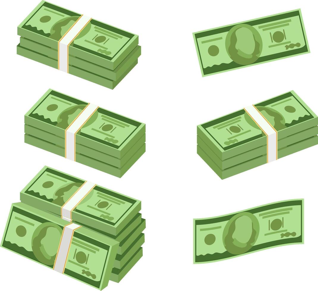 Bunches of money in cartoon 3d style. Set of different packs of dollar bills. Isometric green dollars, profit, vector
