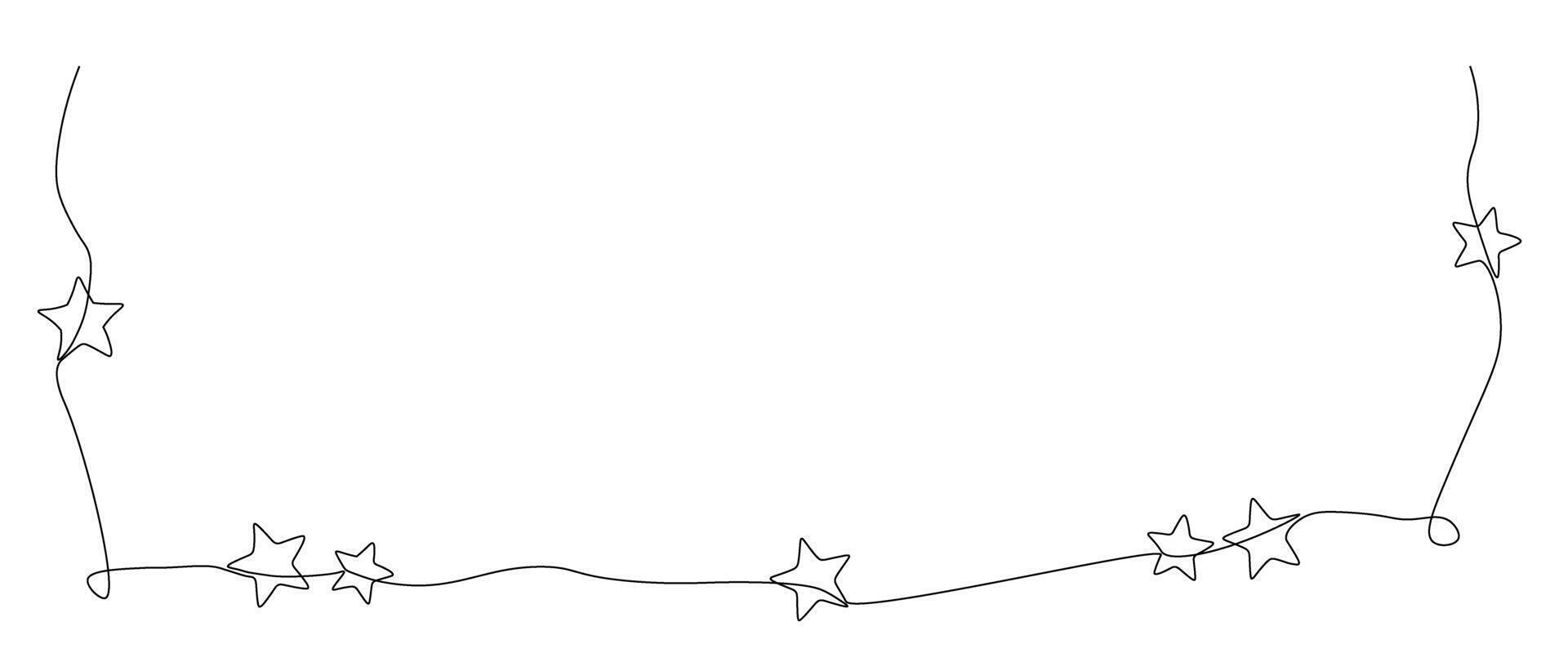 One continuous line drawing border with stars. Festive break line with flourish pattern in simple linear style. vector