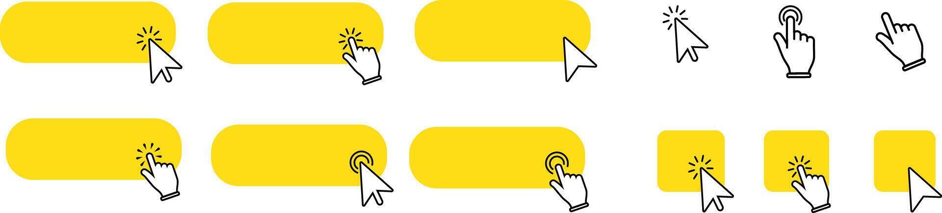 Yellow buttons with clicking hand or arrow pointer set. Click here template. vector