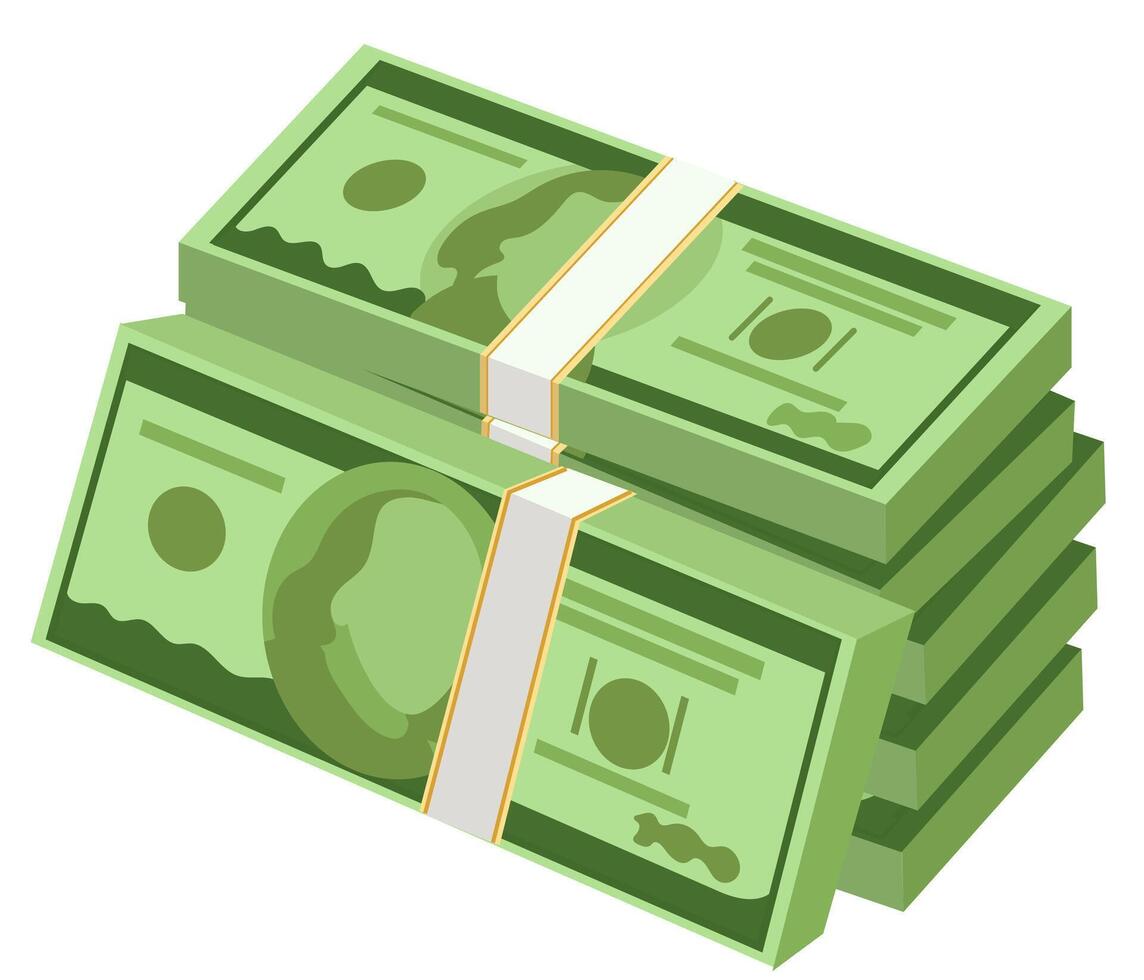 Money cash dollar pile, stack cartoon set. Hundreds paper stack dollars bundle bill. vector