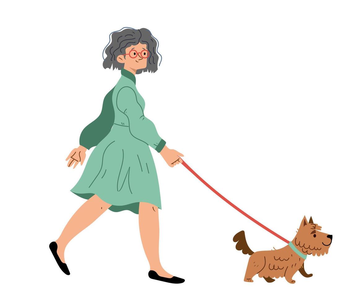Woman walking with dog . Outdoor activity concept. illustration. vector