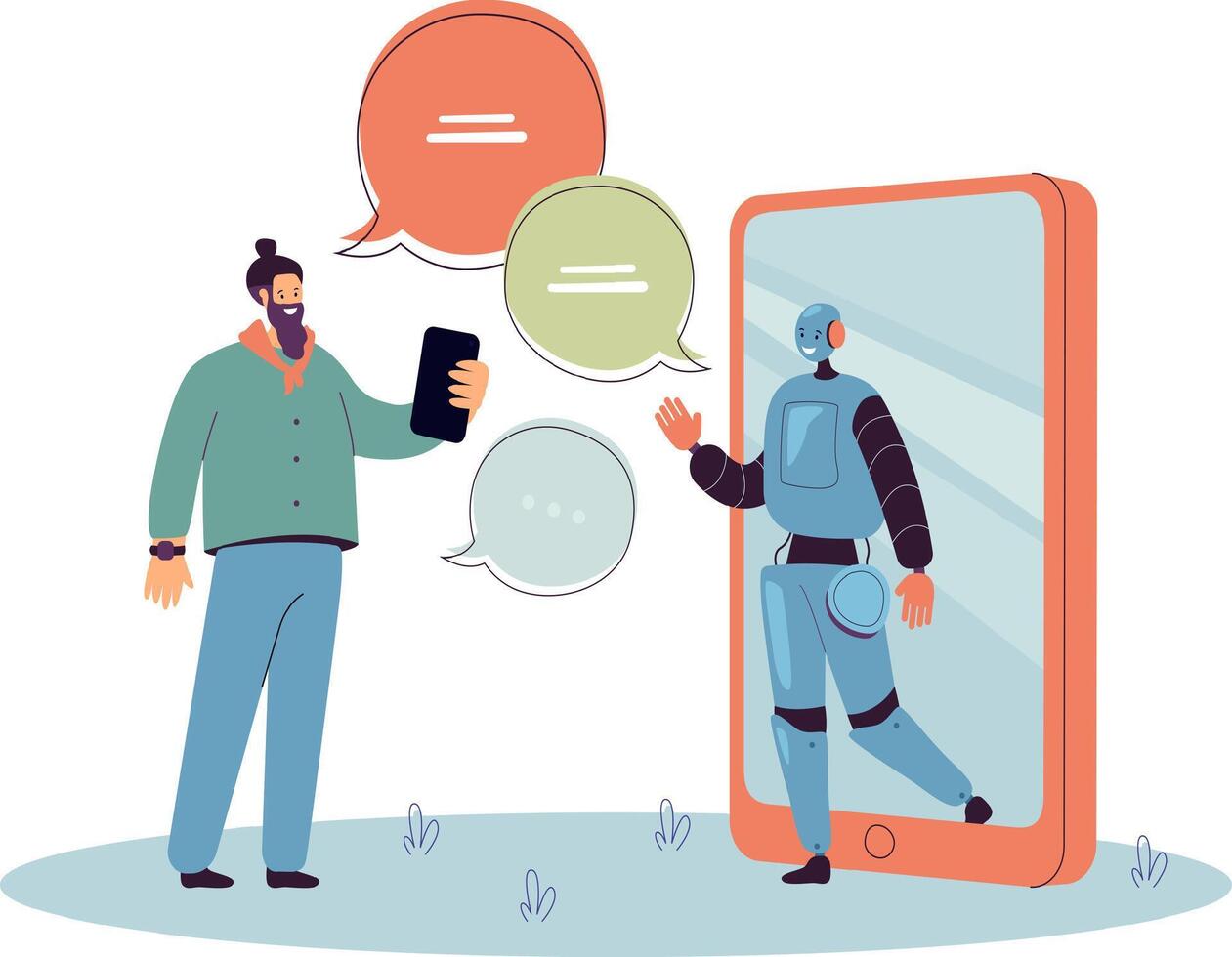An illustration of a person working with an AI chat service. vector