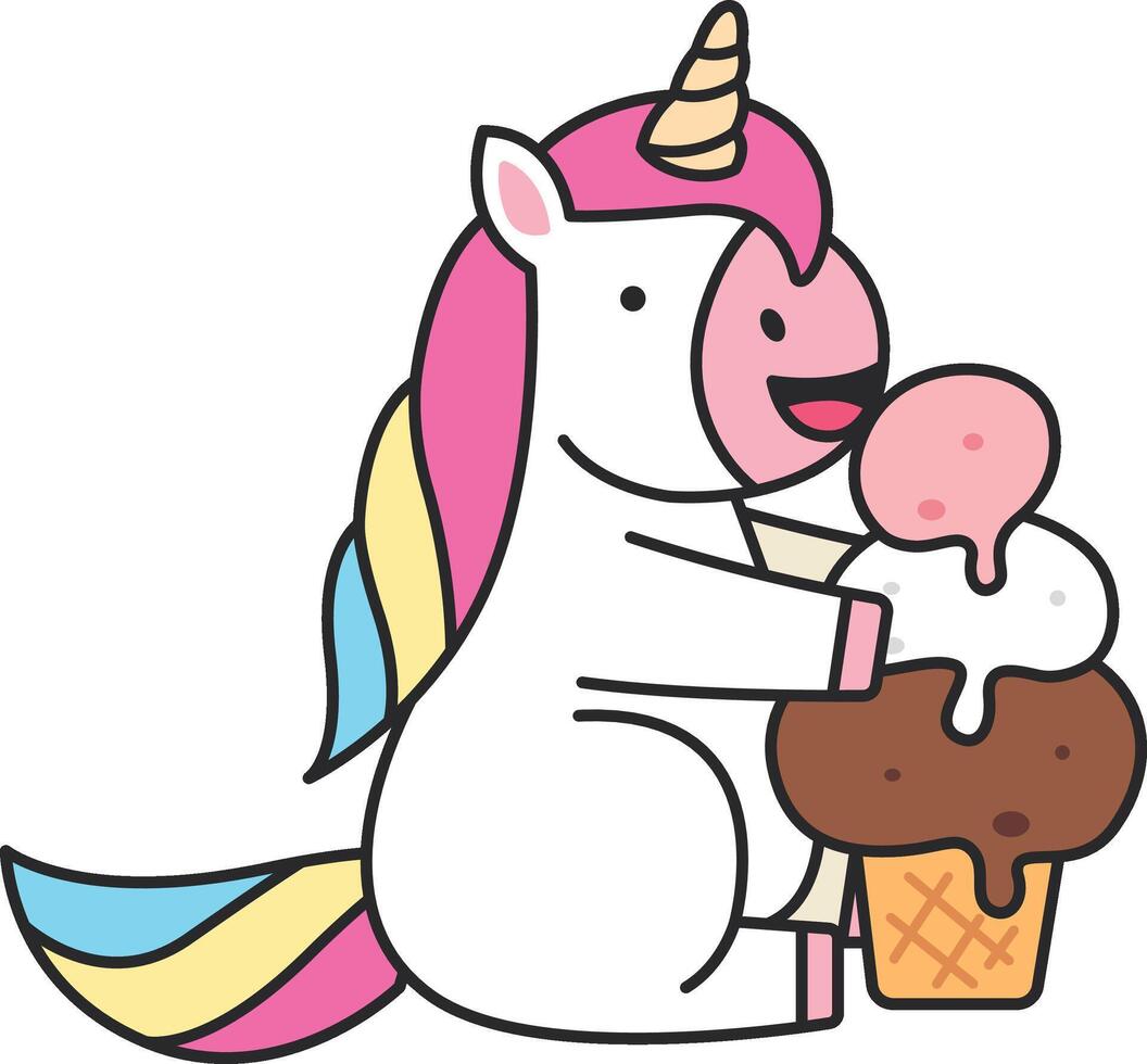 Cute unicorn eating ice cream vector