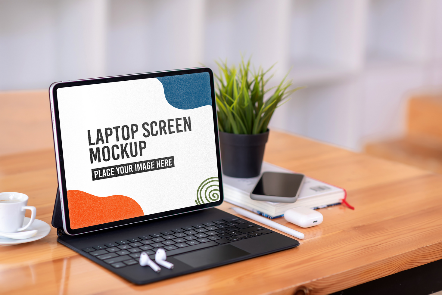 Mockup tablet computer white screen with a set of headphones psd