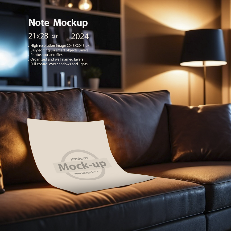 A note paper on a sofa in cozy room mock-up series psd