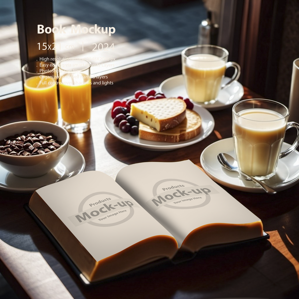 Opened book on a breakfast table mock-up series psd