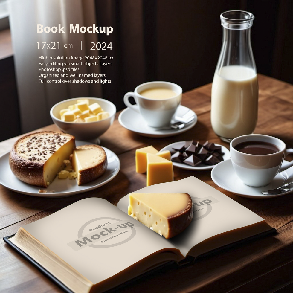 Opened book on a breakfast table mock-up series psd