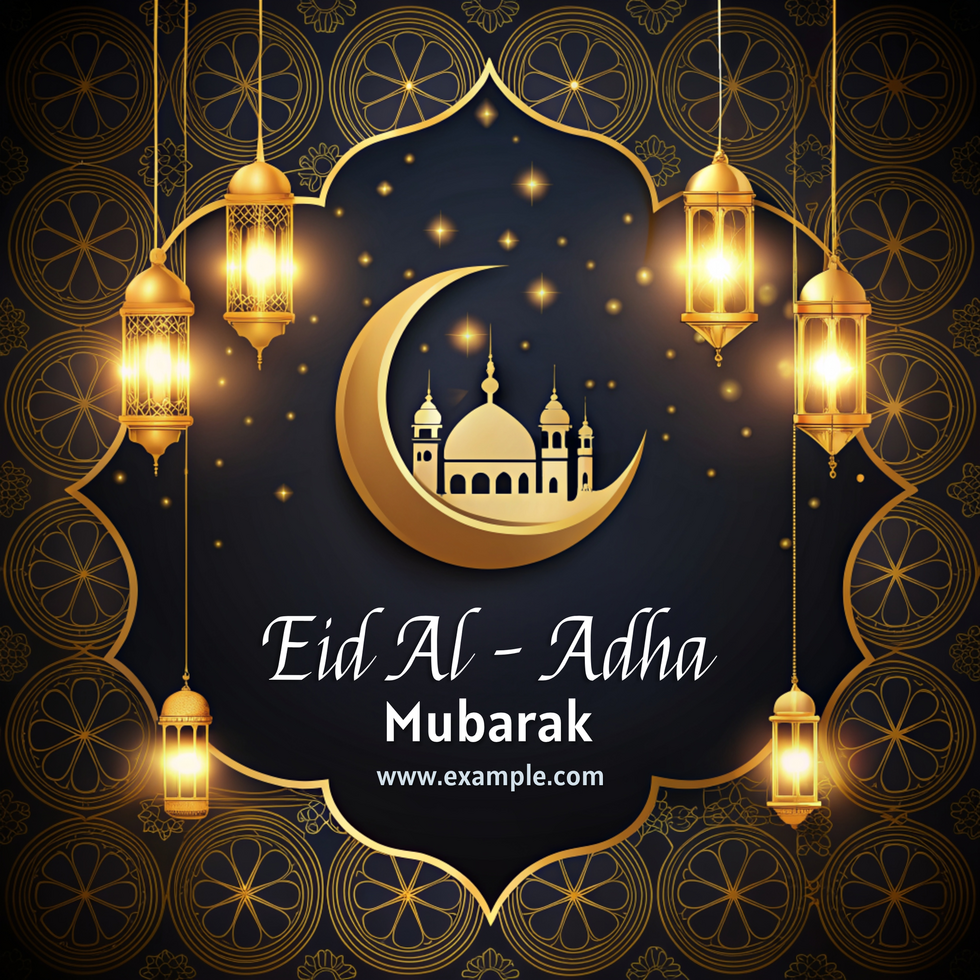 A beautiful image of eid al adha mubarak a crescent moon with a building in the background psd