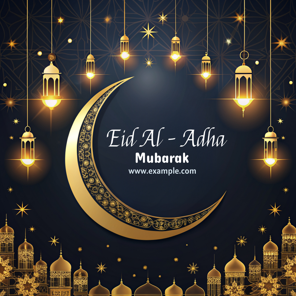 A beautiful image of a crescent moon with a eid al adha gold border psd