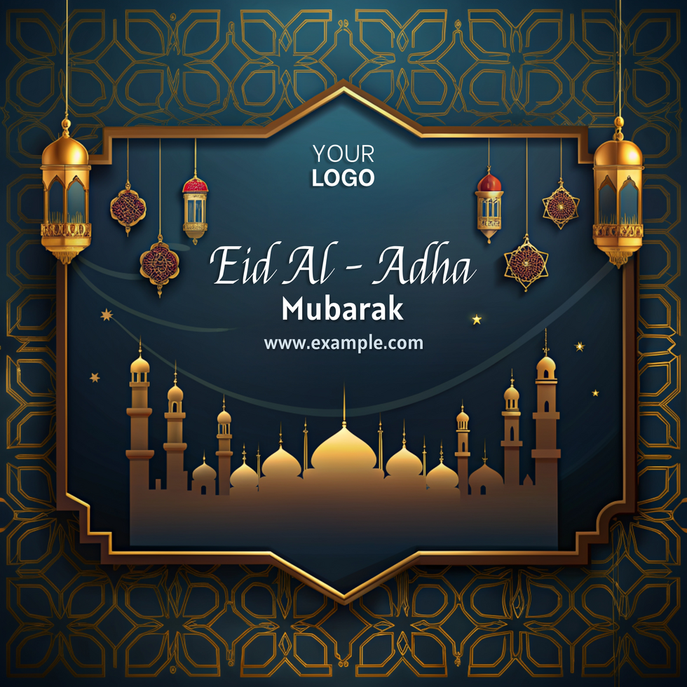 A blue and gold background with a silhouette of a building eid al adha template psd