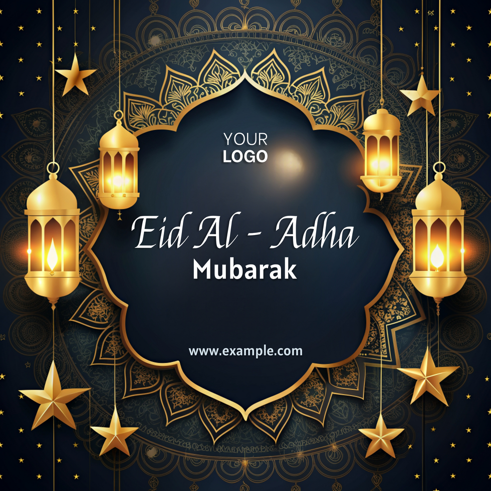 A gold and blue design with a gold star eid al adha mubarak in the center and a gold psd