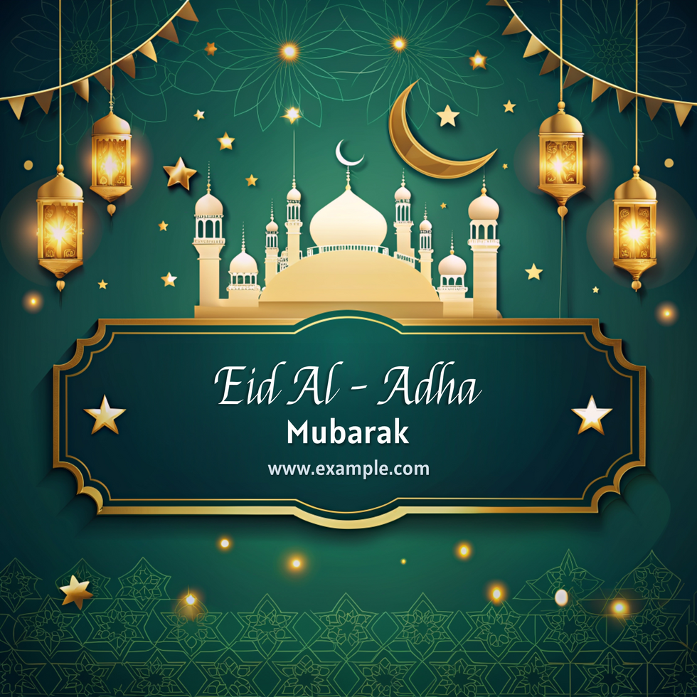 A green background with eid al adha template and a building and stars psd