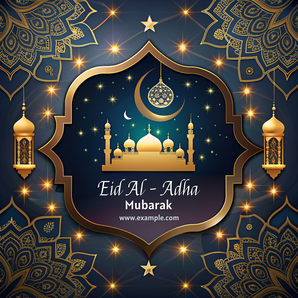 A blue and gold design with a eid al adha template crescent moon and stars psd