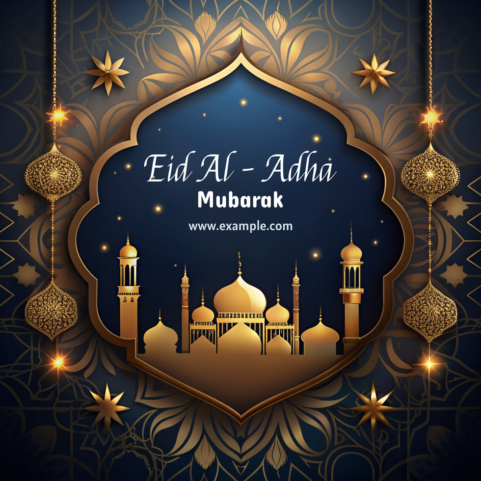 A blue and gold background with a gold frame eid al adha and a gold border psd