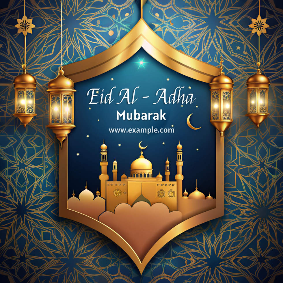 A blue and gold background eid al adha with a building in the middle psd