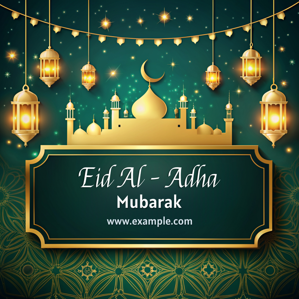A green background eid al adha mubarak template with a gold frame and a large moon in the center psd