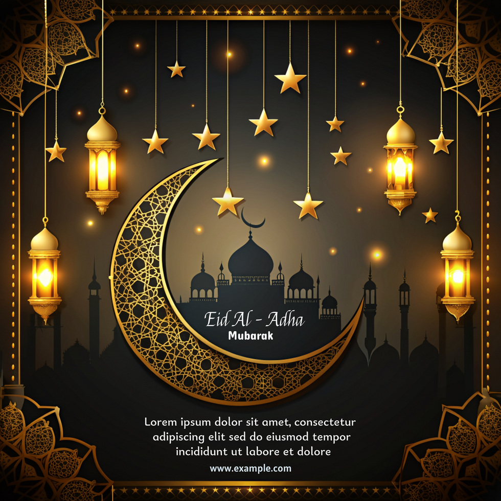 A poster of a crescent eid al adha mubarak moon with stars hanging from it psd