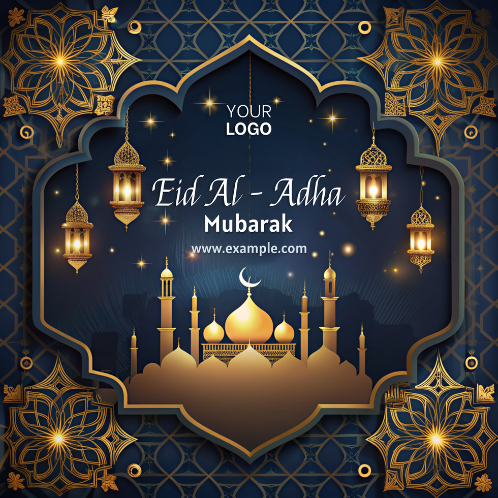 A blue and gold background with a large eid al adha mubarak crescent moon psd