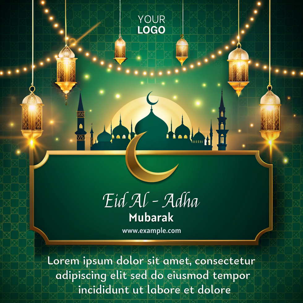 A green poster with a crescent moon and a building in the background eid al adha mubarak psd