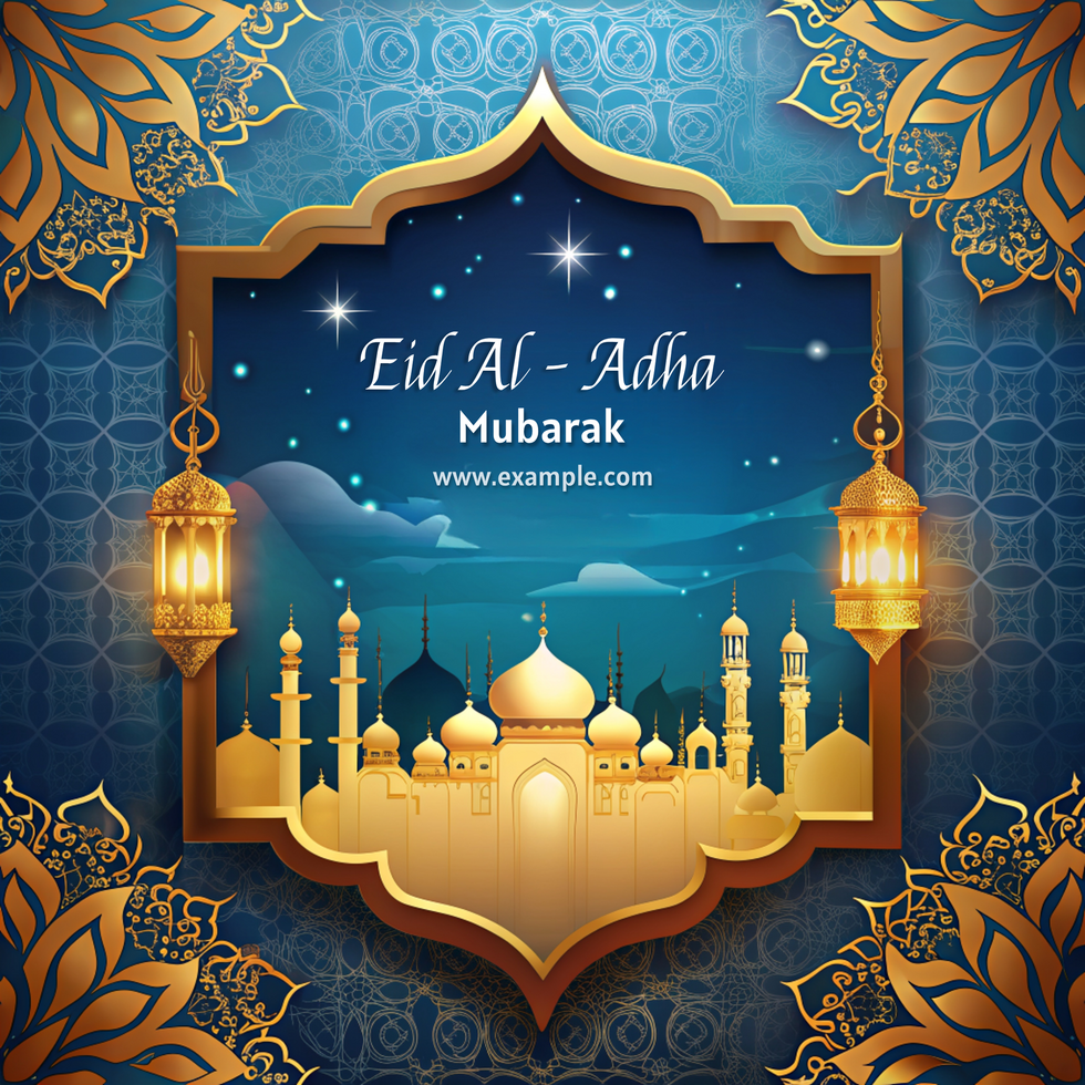 A blue and gold background with a gold and blue design eid al adha of a building with a gold psd