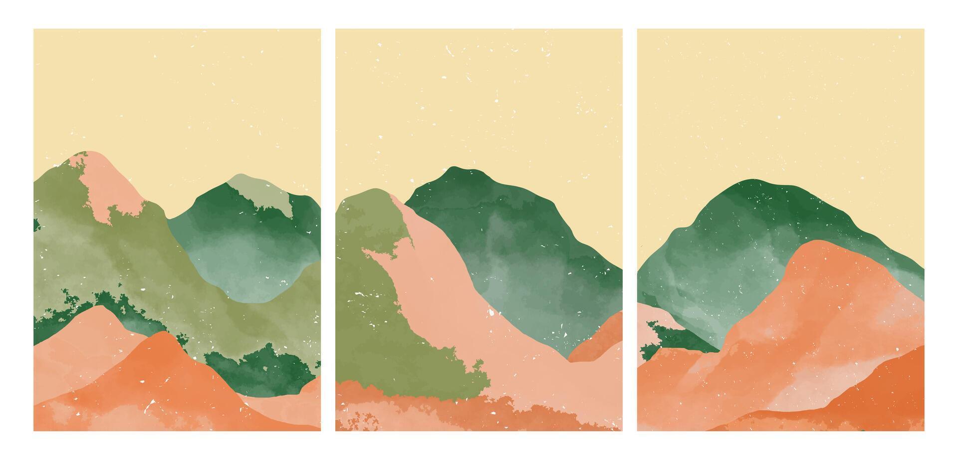 set of Abstract Mountain. creative minimalist hand painted illustrations of Mid century modern. Natural abstract landscape background. mountain, forest and sea vector