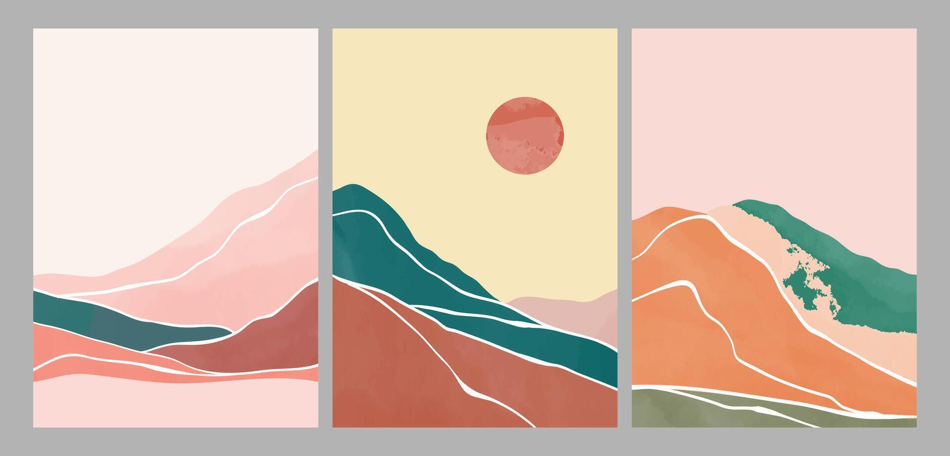 set of Abstract Mountain. creative minimalist hand painted illustrations of Mid century modern. Natural abstract landscape background. mountain, forest and sea vector