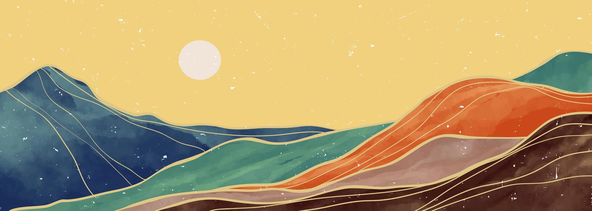 creative minimalist hand painted illustrations of Mid century modern. Natural abstract landscape background. mountain, forest, sea, sky, sun and river vector