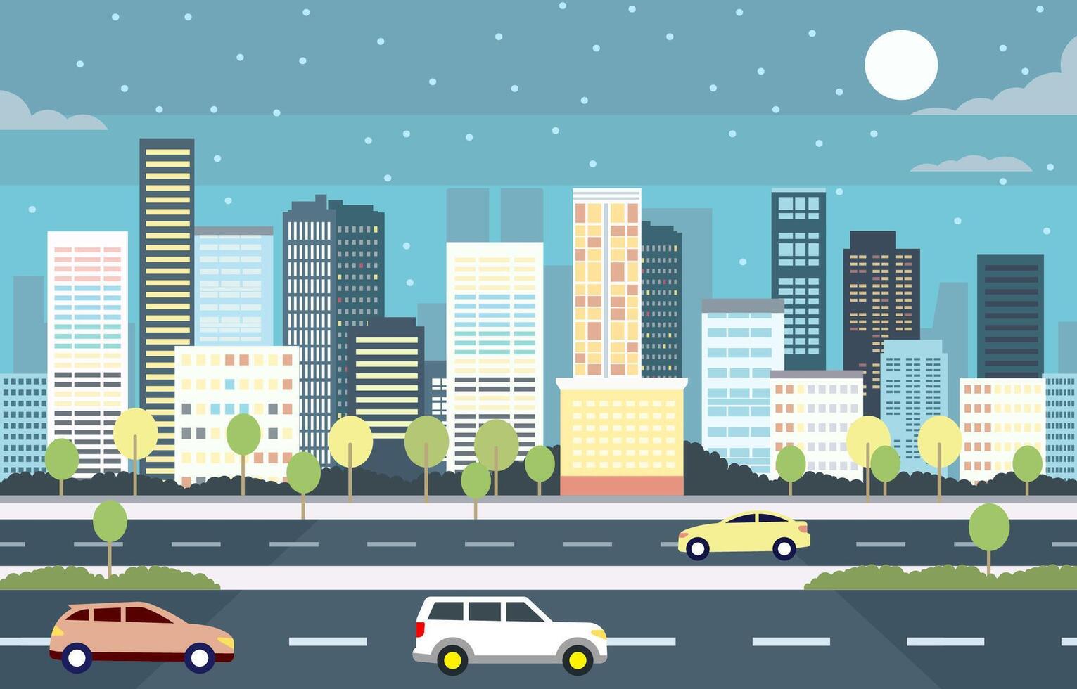 Flat Design Illustration of Cars Vehicle in City Road Traffic with Cityscape at Night vector