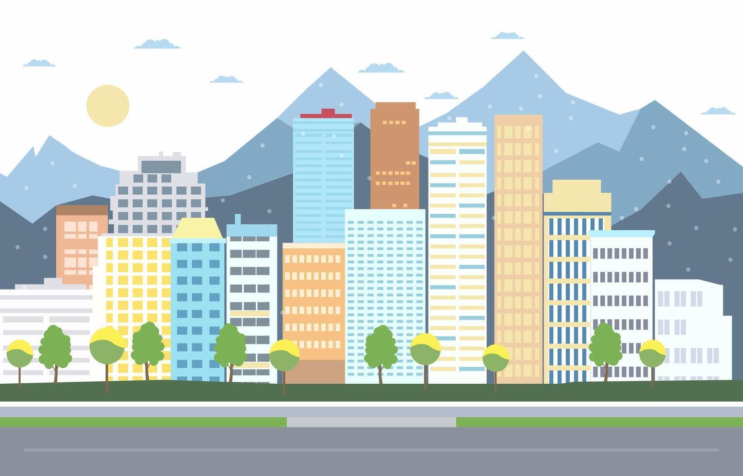 Flat Design Illustration of Road Traffic in City with Cityscape Building in Bright Day vector