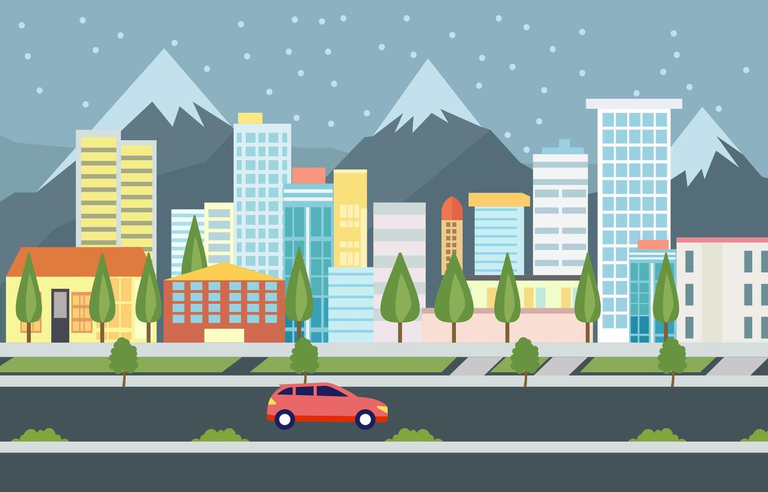 Flat Design Illustration of Car Vehicle in City Road Traffic with Cityscape in Snow Season vector