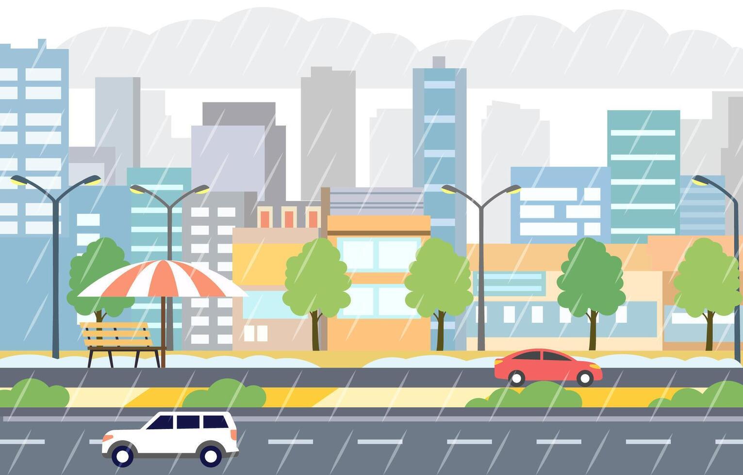 Flat Design Illustration of Cars Vehicle in City Road Traffic with Cityscape in Rain Season vector