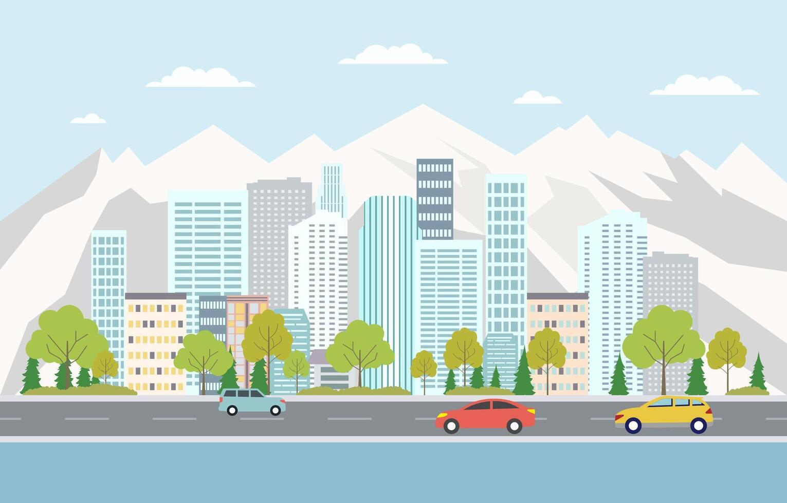 Flat Design Illustration of Cityscape Building with Lake River and Car in Road Traffic on Sunny Day vector