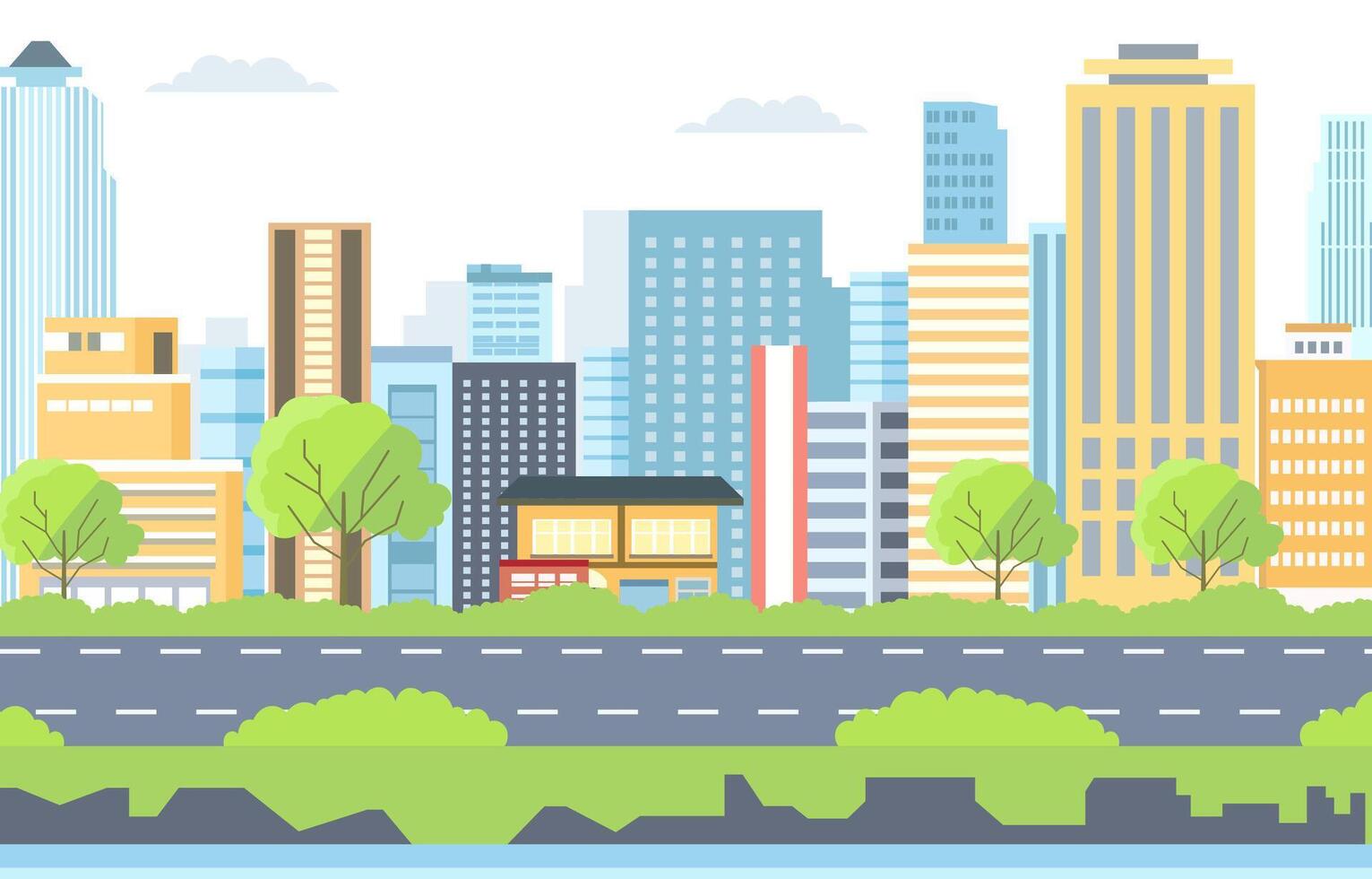Flat Design Illustration of Road Traffic in City with Cityscape Building in Bright Day vector