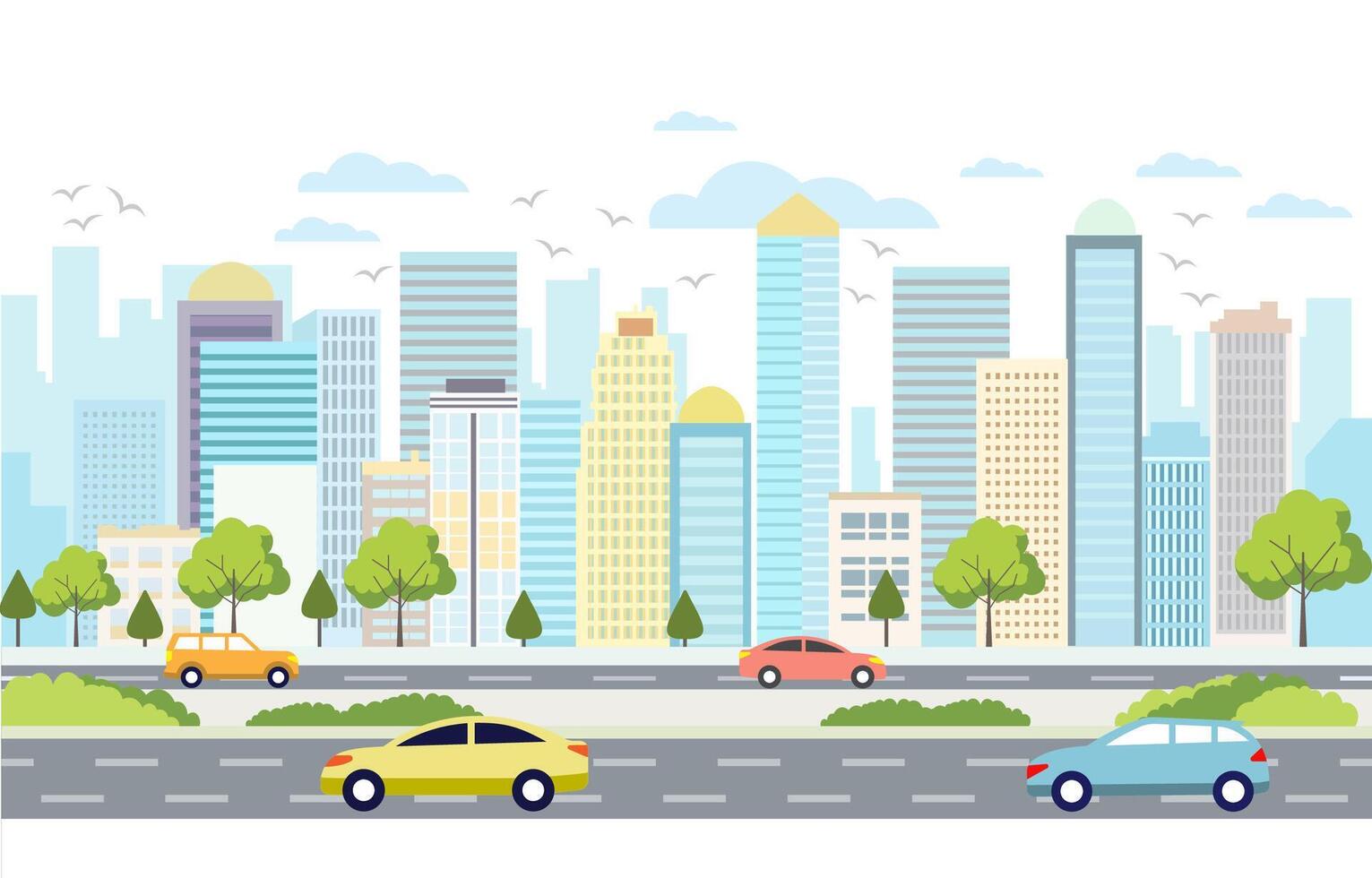 Flat Design Illustration of Cars Vehicle in City Road Traffic with Cityscape in Bright Day vector