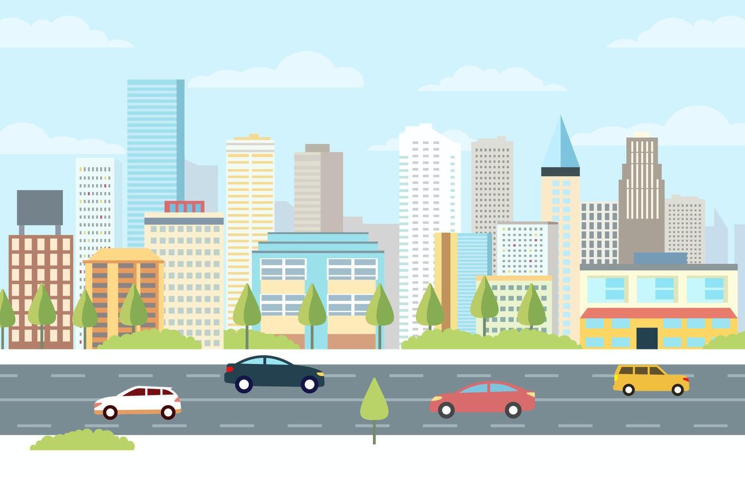 Flat Design Illustration of Cars Vehicle in City Road Traffic with Cityscape in Bright Day vector