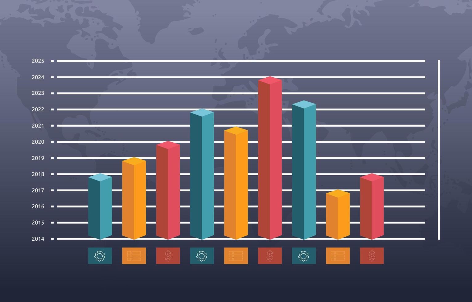 Flat Design Illustration of Business Fluctuation Bar Chart Diagram Statistic Data with World Map Background vector
